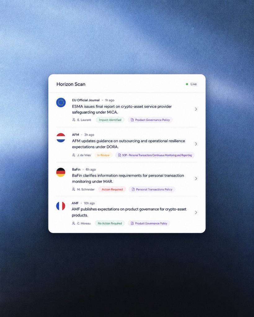 Horizon Scan dashboard with regulatory updates and impact status